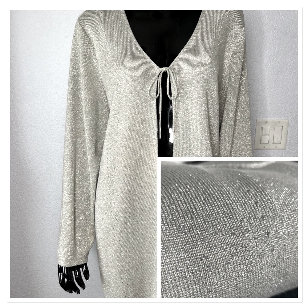 George Woman Silver Sparkly Sweater w/Tie Closure Sz 18W/20W Acrylic Metallic